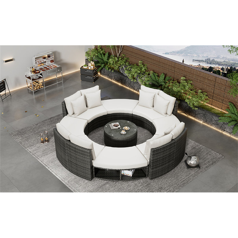 9 piece Luxury Circular Outdoor Patio Furniture Set Rattan Wicker Sectional Sofa Lounge With Tempered Glass Coffee Table And 6 Pillows White